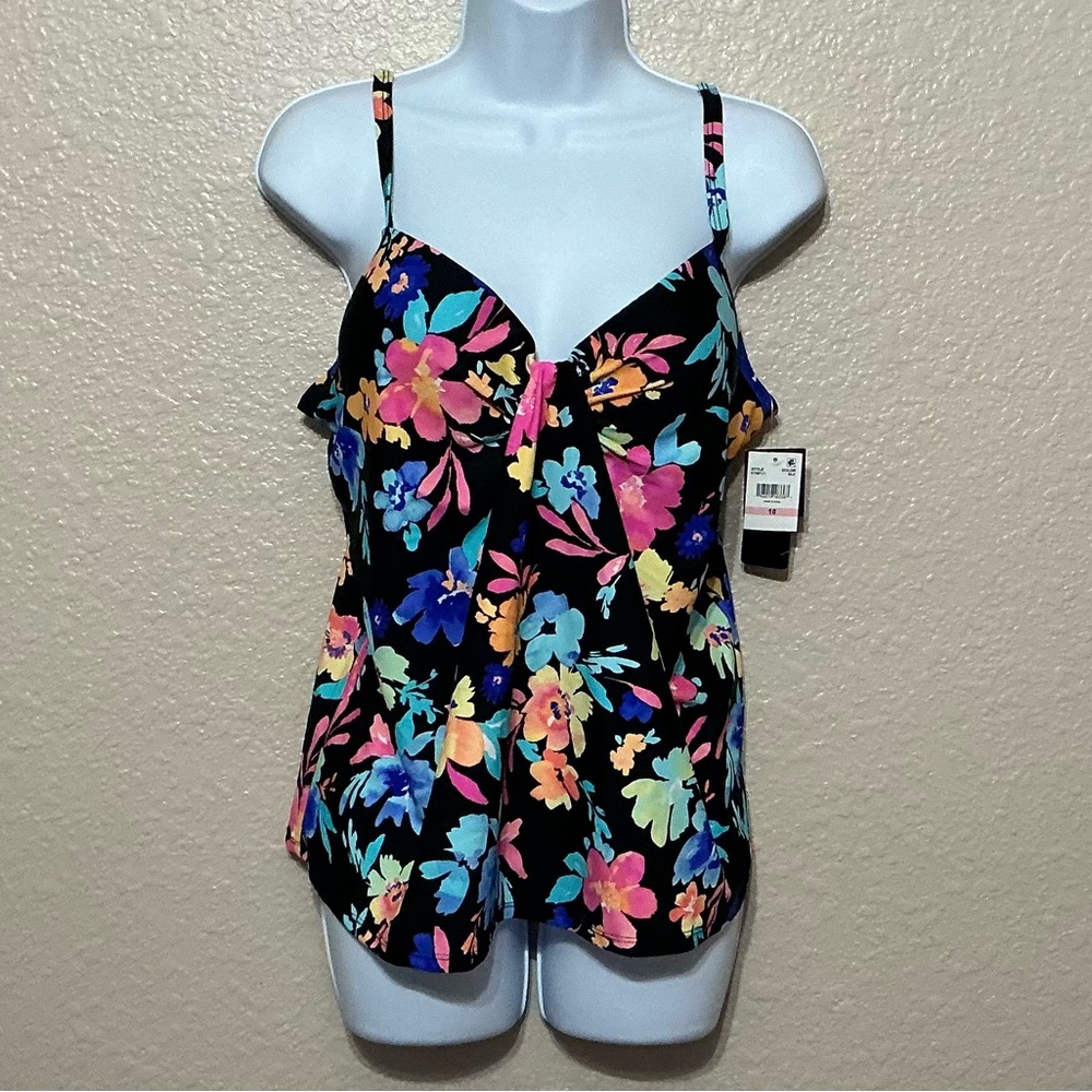 Island Escape Scorpio Black Floral Tankini Top